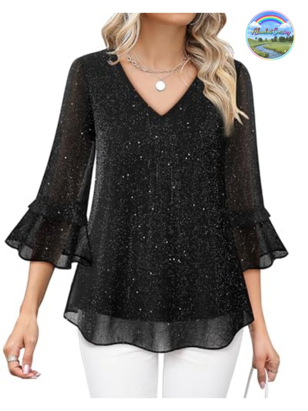 Womens Ruffle 3/4 Sleeve V Neck Floral Chiffon Tunic Blouse Dressy Casual Top